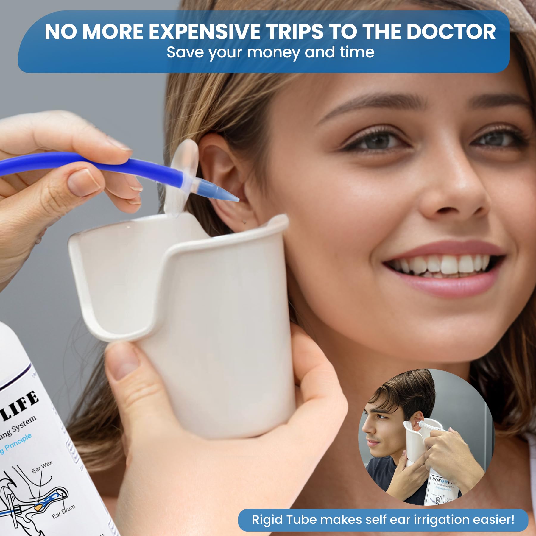 BOCOOLIFE Ear Wax Removal Kit - Safe & Effective Ear Cleaning System Cleaner with 3 Replacement Tips, Manual Flush Washer for Gentle Wax Remover, Includes Wash Basin for Easy Irrigation and Flushing