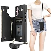 Bocasal Crossbody Wallet Case for iPhone 16 with RFID Blocking Card Slot Holder, Magnetic Flip Folio Purse Case, PU Leather Zipper Handbag with Detachable Lanyard Strap 6.1 Inch 5G (Black)