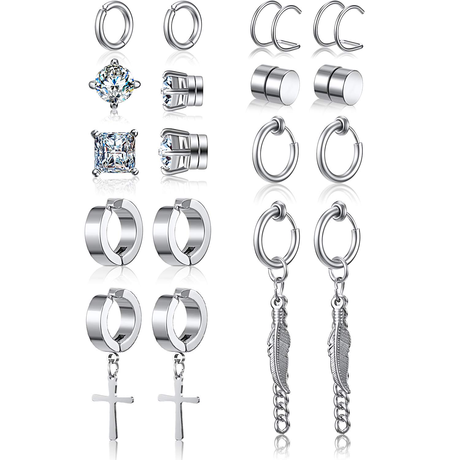 9 Pairs Magnetic Stud Earrings Non Pierced Silver Stainless Steel Feather Dangle Earrings CZ Magnet Earring Hinged Cross Hoop Earrings Set