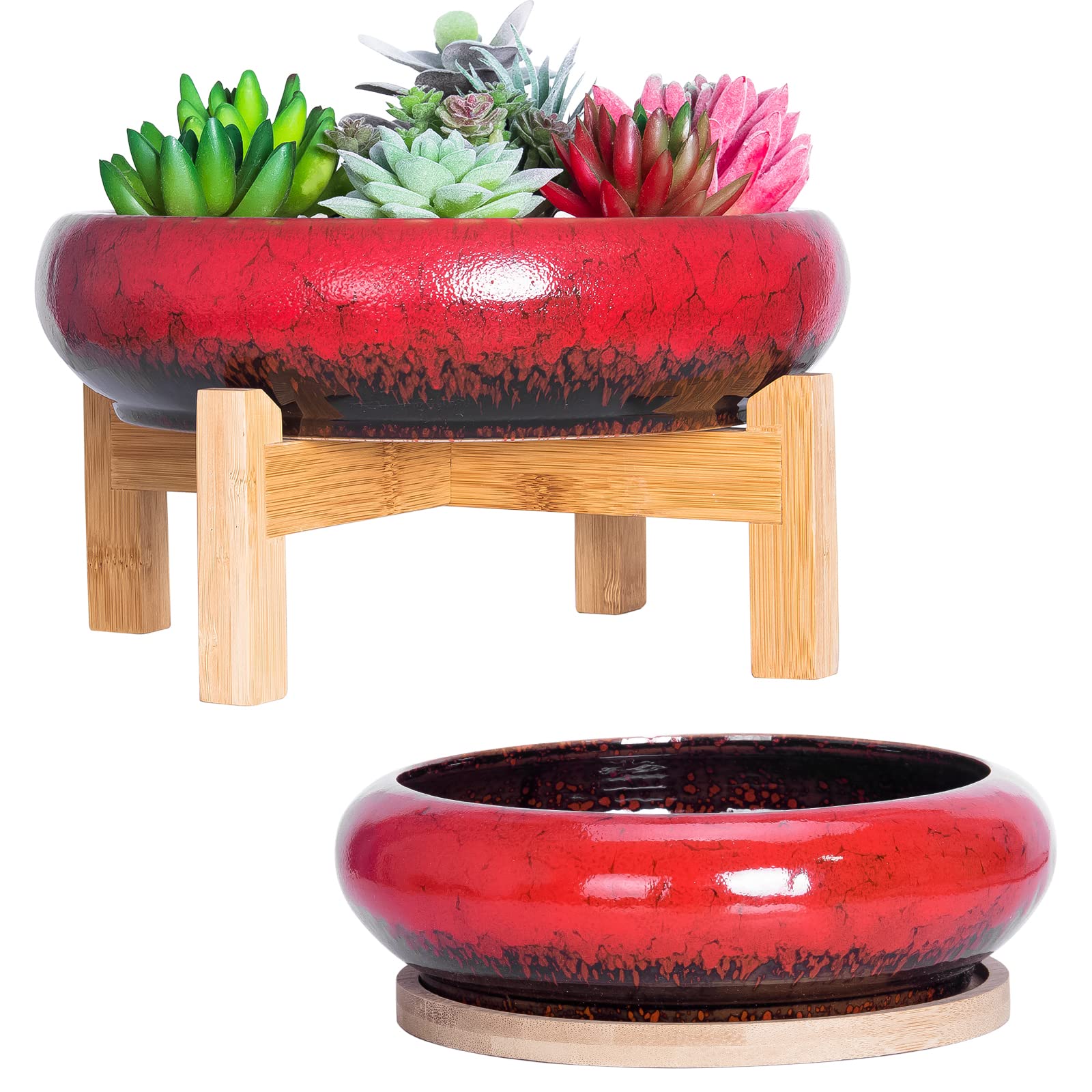 ARTKETTY Plant Pots Indoor - 18.5/25 CM Large Bonsai Pots with Trays Set of 2, Colorful Succulent Plant Pots Ceramic Pots for Cactus Plants Garden Decorative Flower Pot