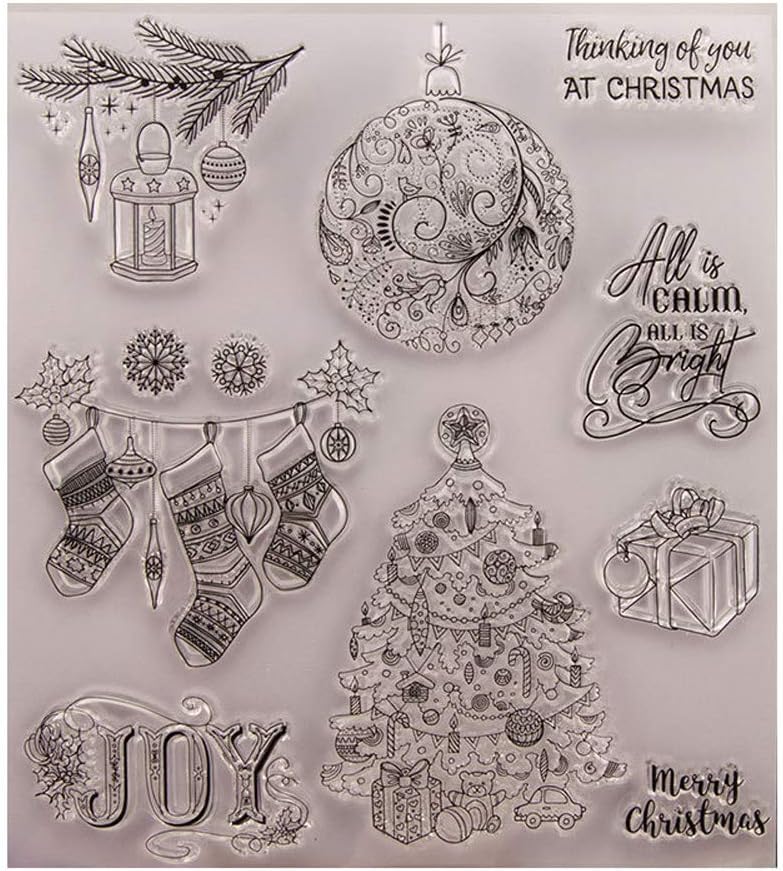 7.3 by 8.1 Inches Christmas Socks Gift Box Tree Snow Flower Stamps Clear Rubber Stamps for Scrapbooking Card Making Christmas Stamps (T1404)