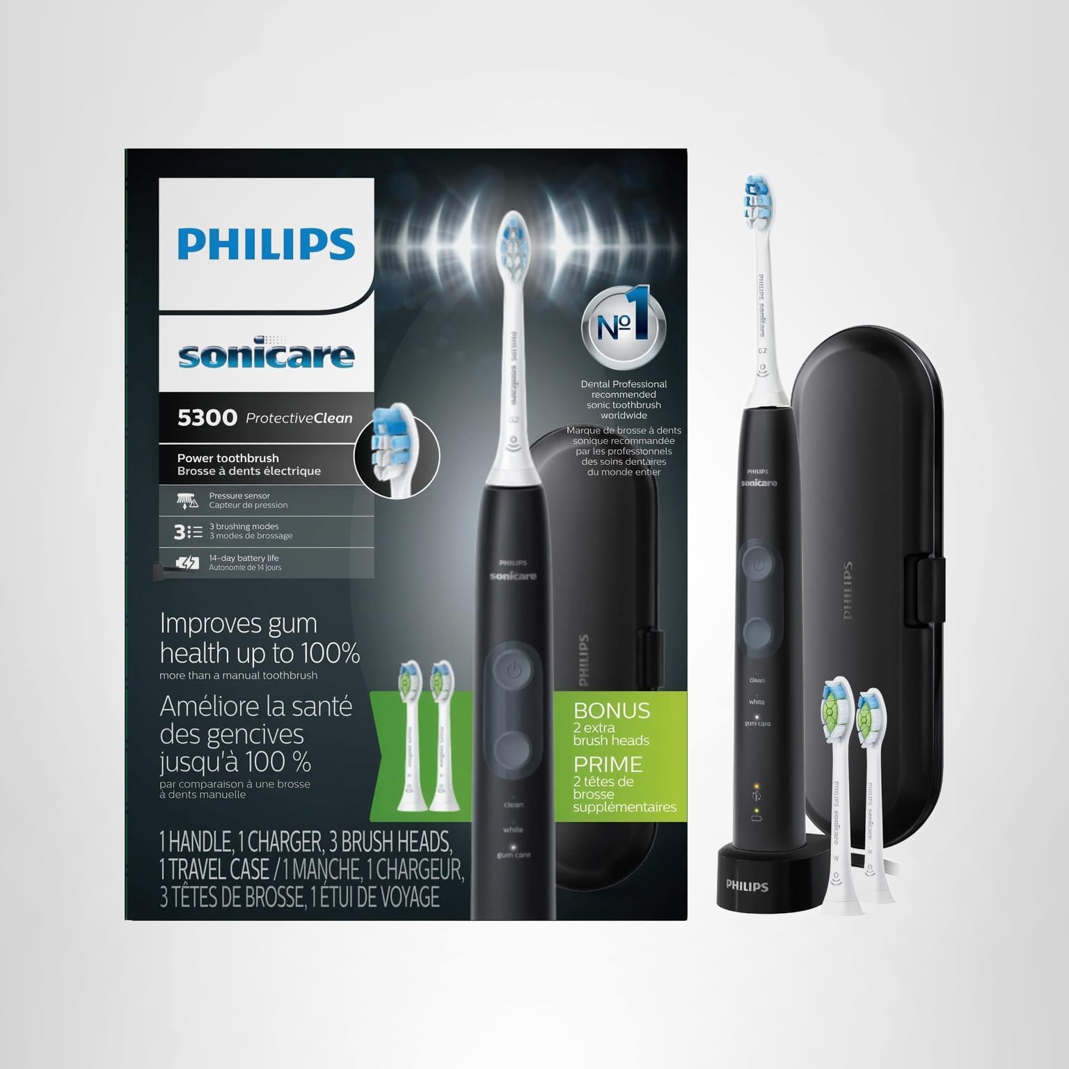 Philips Sonicare ProtectiveClean 5300 Rechargeable Electric Toothbrush, with Pressure Sensor, 3 Cleaning Modes, SmarTimer and QuadPacer, with 2 Bonus Brush Heads, Travel Case, Black, Model HX6423/34