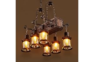 LightInTheBox 6-Lights Retro Farmhouse Chandelier, Industrial Wood Beam Pendant Light Metal Glass Lampshade Hanging Lighting Fixture for Kitchen Island Pool Table Bar