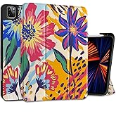 MEEgoodo for iPad Pro M2 12.9 Case 6th/5th/4th/3rd Generation 2022 2021 2020 2018 with Pencil Holder, Tablet Cover with Soft TPU Back Shell, Art Painted Flowers