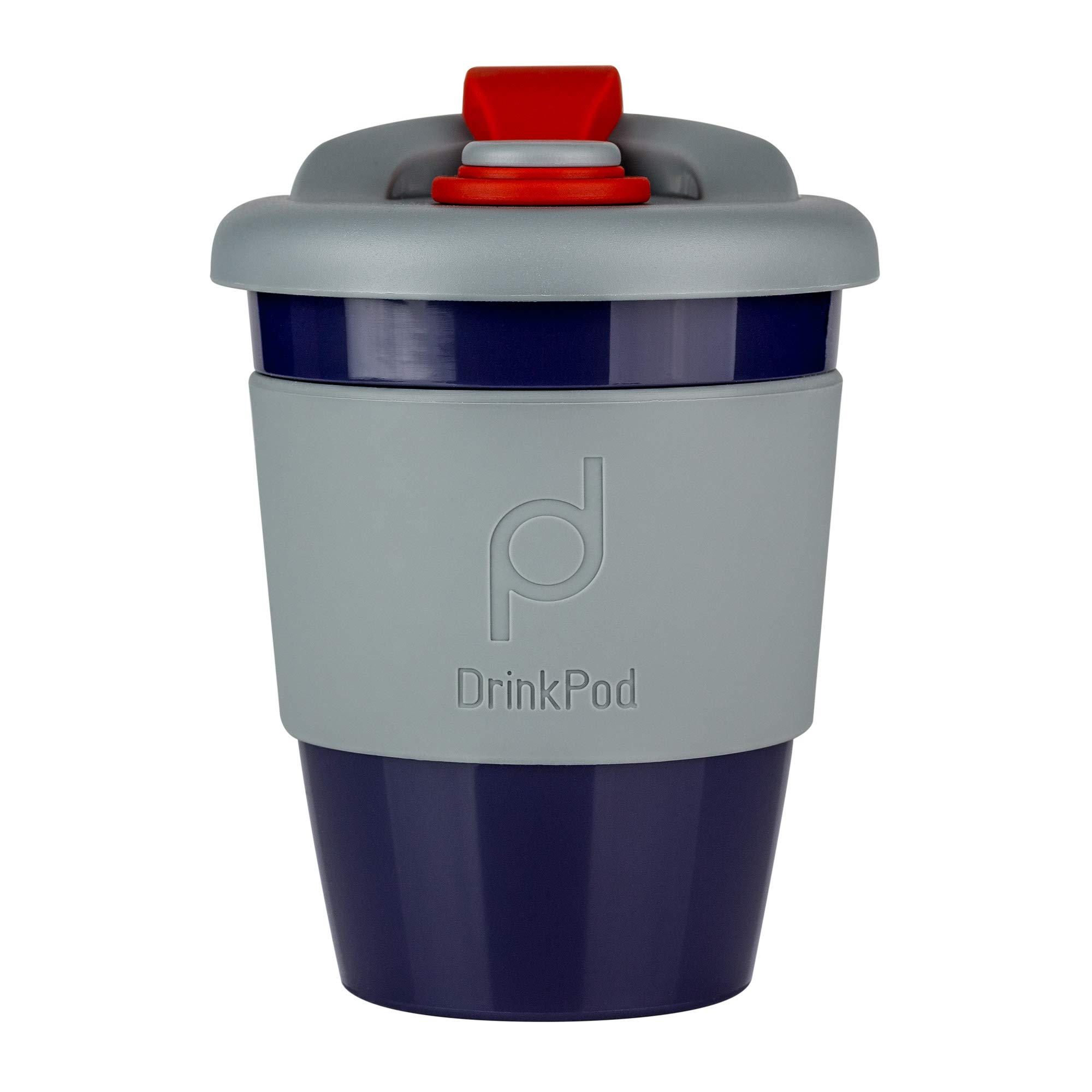 Drink Pod 12oz/340 ml Reusable Coffee Cup/Travel Mug with Rotating Rubber Lip BPA Free PLA Plastic – Storm/Grey