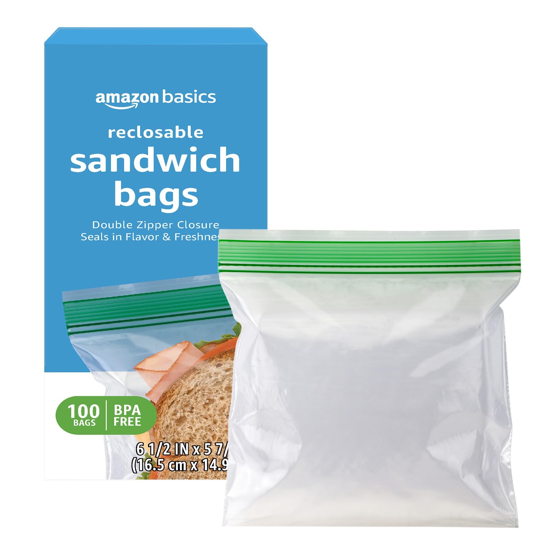 Amazon Basics Reclosable Sandwich Double Zipper Storage Bags, 100 Count, Pack of 1