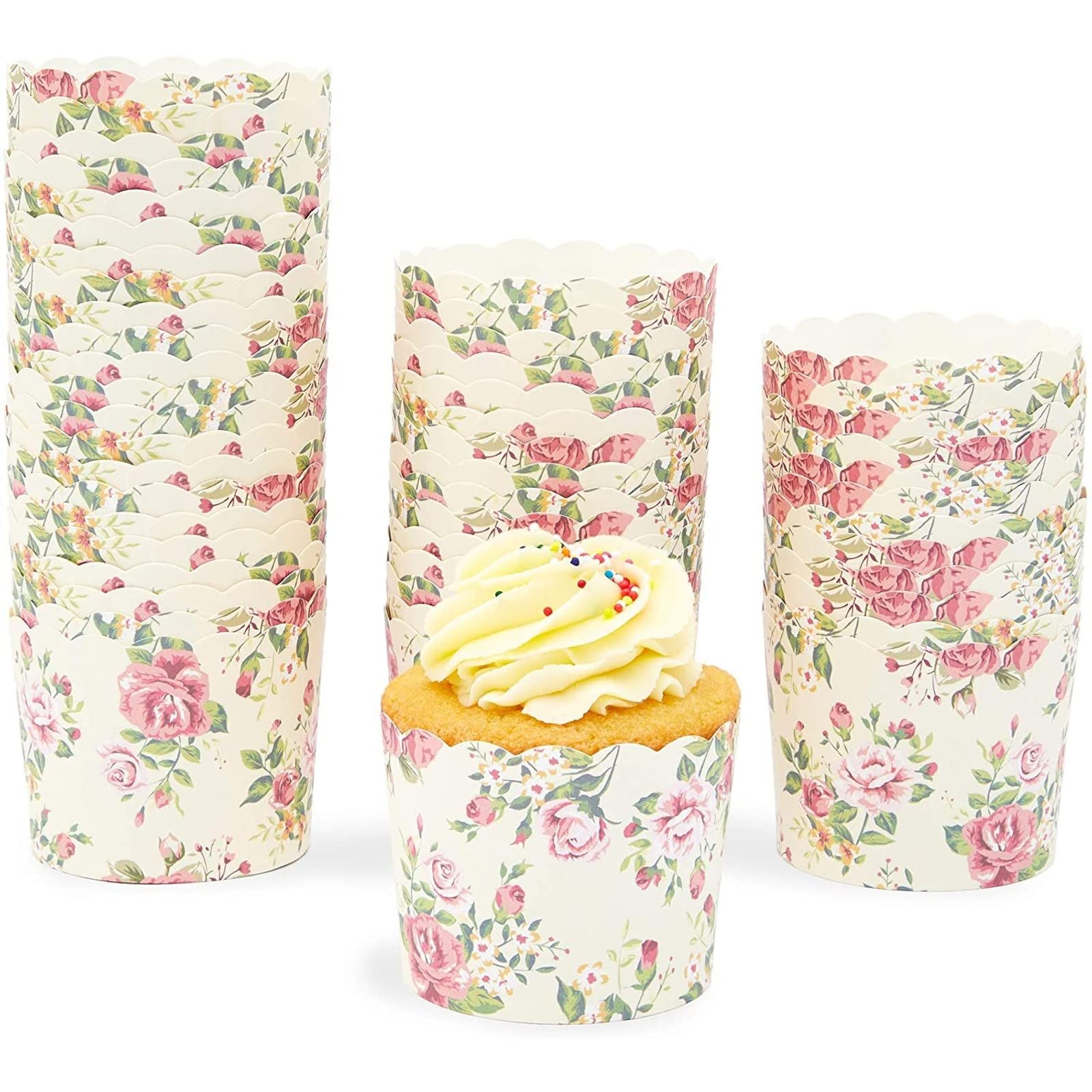 Large Cupcake Cases, Muffin Baking Cup Liner Wrappers with Vintage Floral Design, 50-Pack