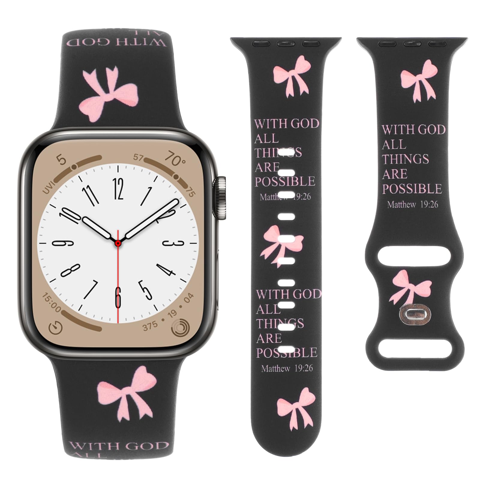 Cute Floral Printed Strap for Apple Watch Bands 38mm 40mm 41mm 42mm 44mm 45mm 46mm 49mm Women, Soft Silicone Leopard Bow Pattern Design Wristbands for iWatch Series 11,10，9, 8,7,6,5,4,3,2,1,SE (Black Bow Slogan, 49/46/45/44/42(Series 3/2/1)mm)