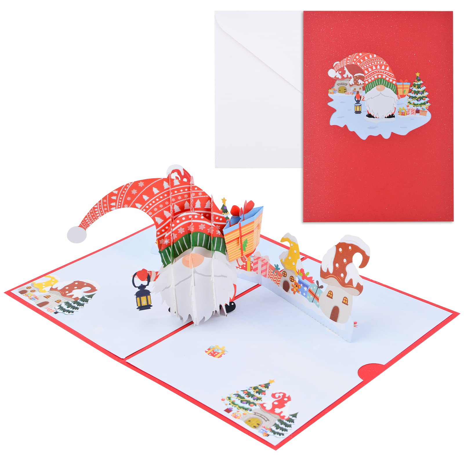 URROMA 3D Pop Up Christmas Card, Handmade Popup Santa Gnome Greeting Cards for Christmas Holiday Xmas Gift 5" x 7"