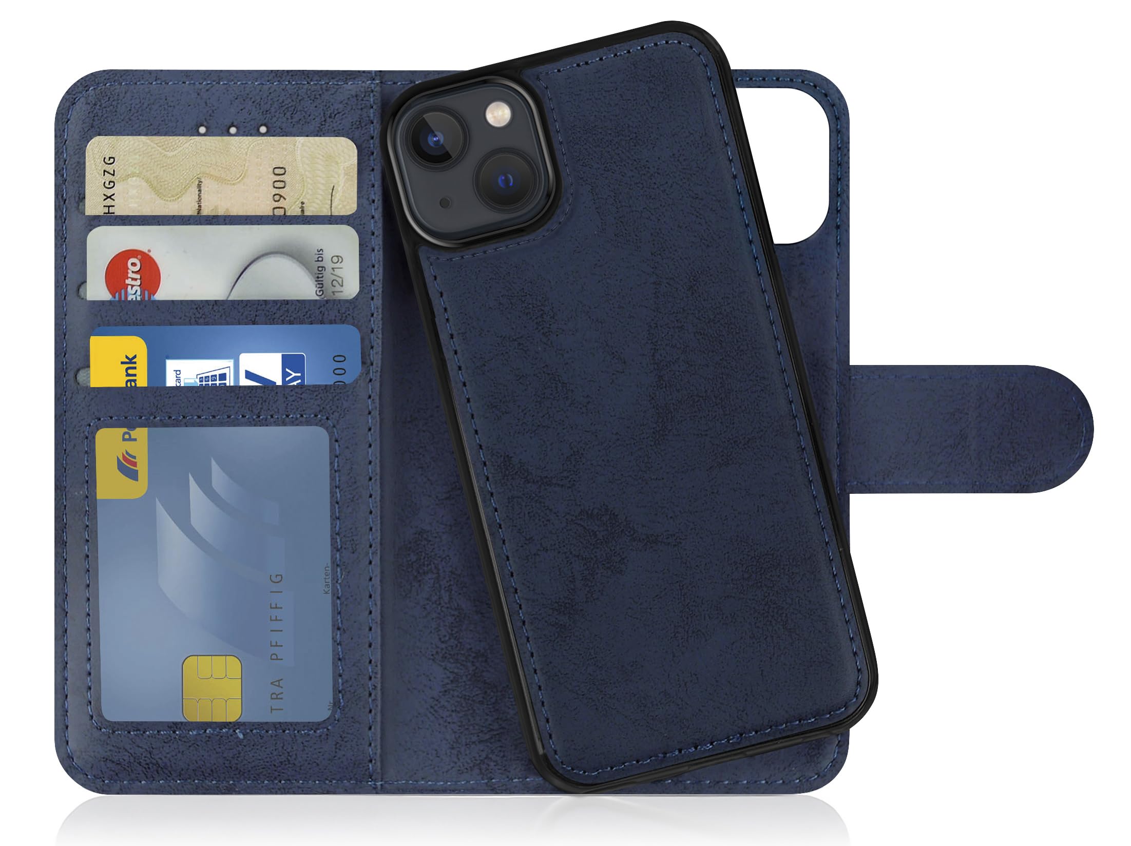 MyGadget Flip Case for iPhone 14 Plus - [ Removable Magnetic Cover ] - PU Leather Phone Case - [ Cover with Card Slot ] Protective Shell in Dark Blue