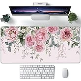 XXL Mouse Pad, Pink Peony Flowers Eucalyptus Green Leaves Large Desk Mat for Desktop, Extended Large Gaming Mouse Pad Mouse Mat with Non-Slip Rubber Base Stitched Edges for Home Office 35.4"X15.7"