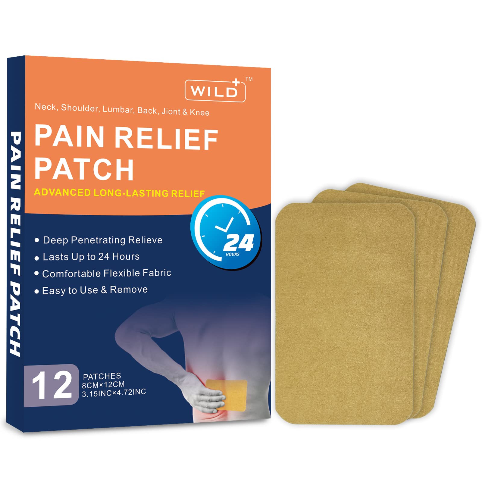 Wild+ Pain Relief Patches, Long-Lasting Heat Patches for Back Pain Relief, Max Strength Joint Arthritis Heat Pads Pain Relief Plaster Targeted for Back/Neck/Shoulder/Knee/Muscles（12PCS）