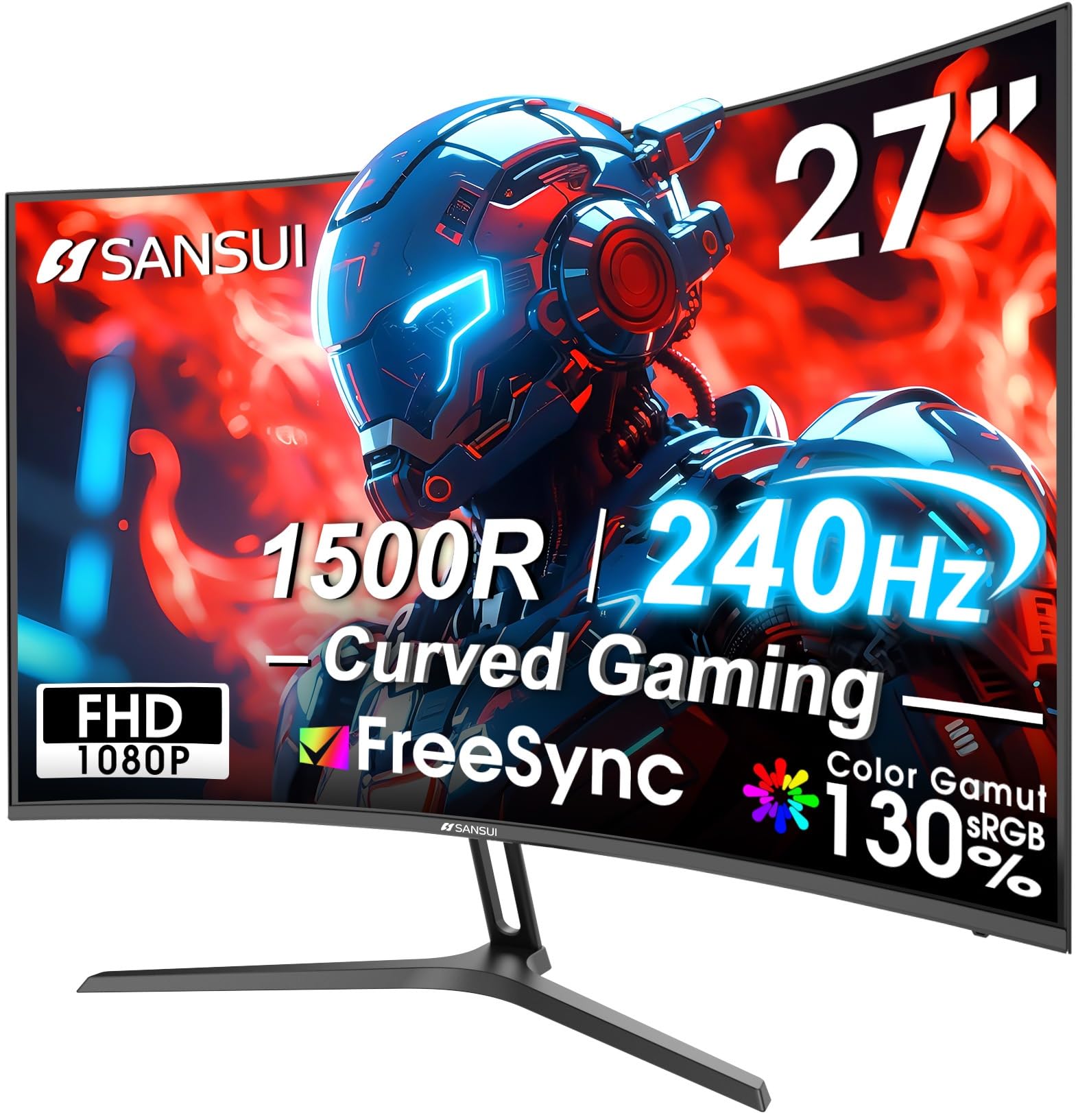 Photo 1 of ***(MAJOR DAMAGE/ SEE NOTES)***SANSUI 27 Inch Curved 240Hz Gaming Monitor FHD 1080P, 1500R Curve Computer Monitor, 130% sRGB, 4000:1 Contrast, HDR, FreeSync, MPRT 1Ms, Low Blue Light, HDMI DP Ports, Metal Stand, DP Cable Incl.