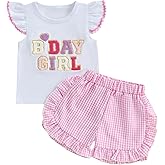 Kayotuas Toddler Baby Girl Birthday Outfit Birthday Girl Shirt Ruffle Gingham Shorts Cute Summer Clothes Cake Smash Outfits