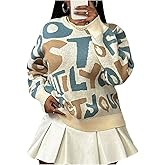 WDIRARA Women's Letter Graphic Sweaters Crew Neck Long Sleeve Pullover Knit Tops