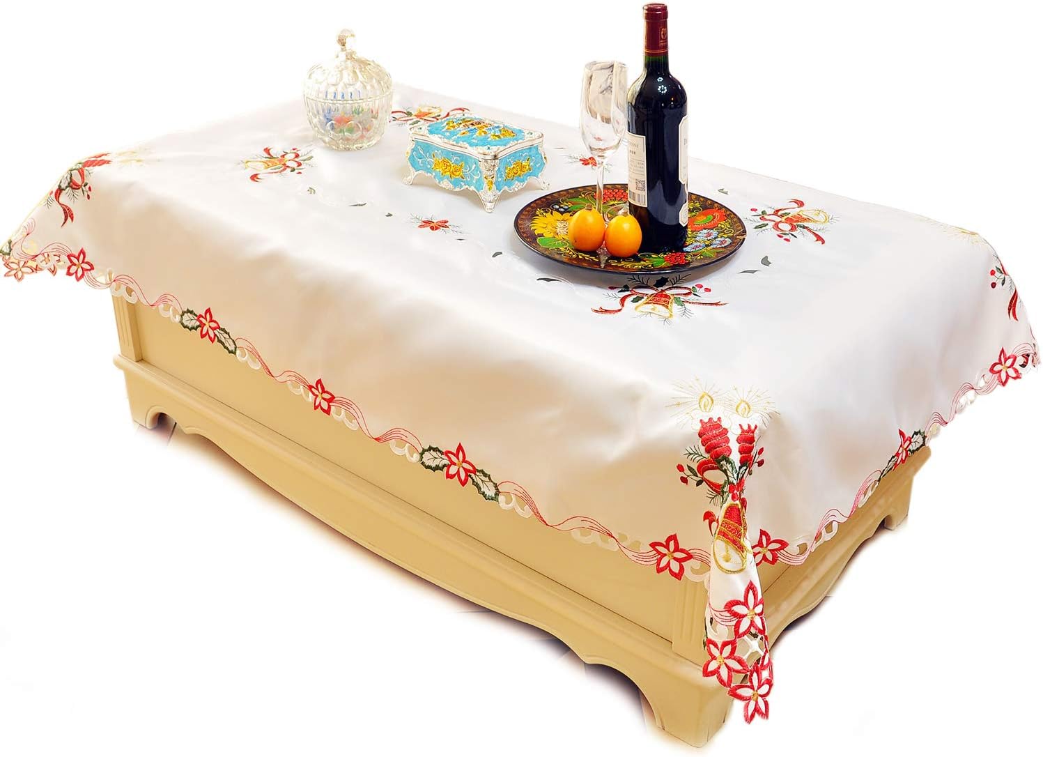 BOHAO Polyester Lace Tablecloths by Hand Embroidered,Red Floral Cutwork Table Linens,Size: 43W x 63L Inch Rectangle