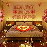 HyDren 18" Will You Be My Girlfriend Balloons Letters Kit Include Heart Shaped Balloons and LED Tealight Candles with Rose Petals Romantic Girlfriend Proposal Kit Valentines Day Decorations(Rose Gold)
