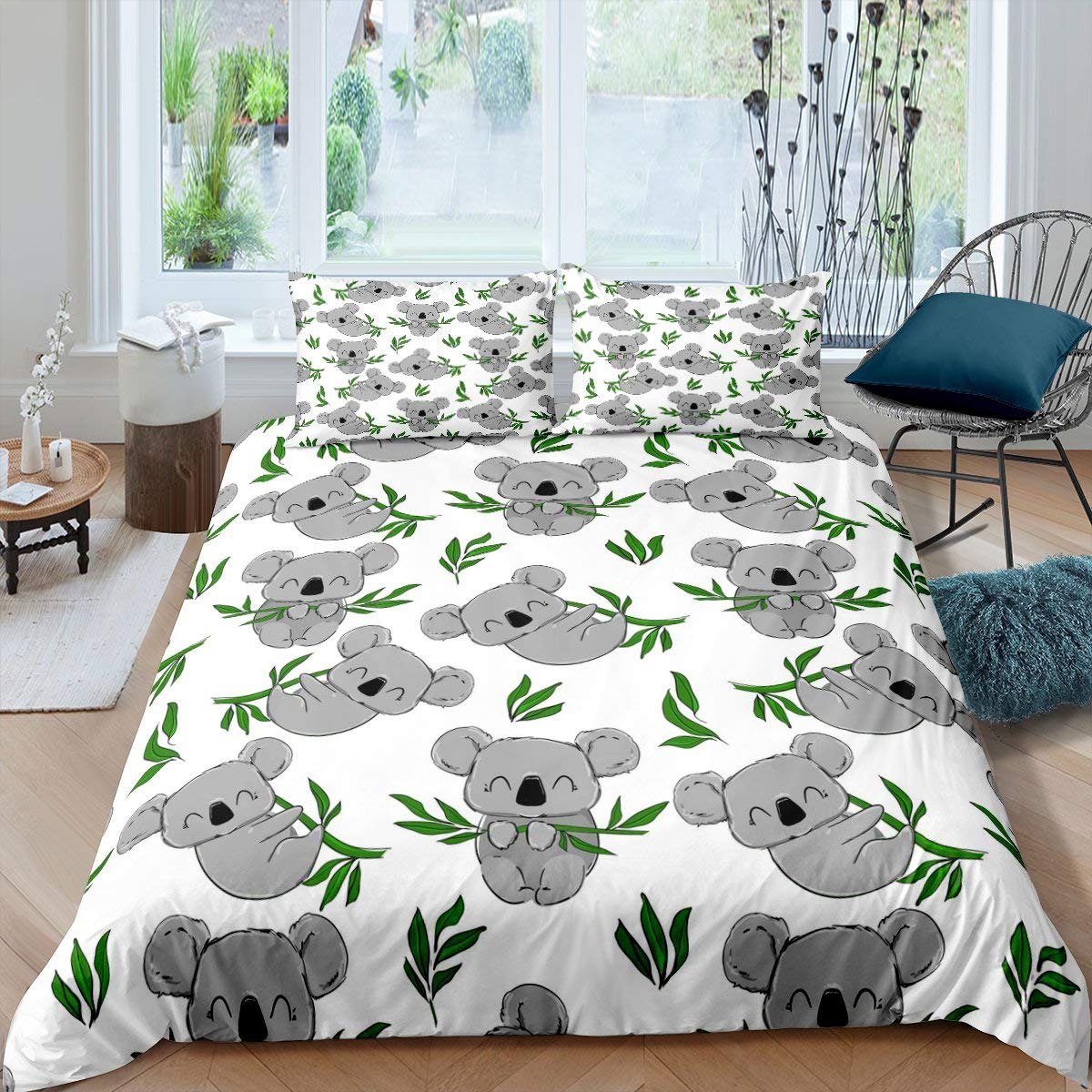 Kids Cute Koala Decor Bedding Set Toddler Cartoon Animal Duvet Cover Set for Kids Boys Girls Botanical Branches Comforter Cover Lovely Gray Quilt Cover Bedroom Collection 3Pcs King Size