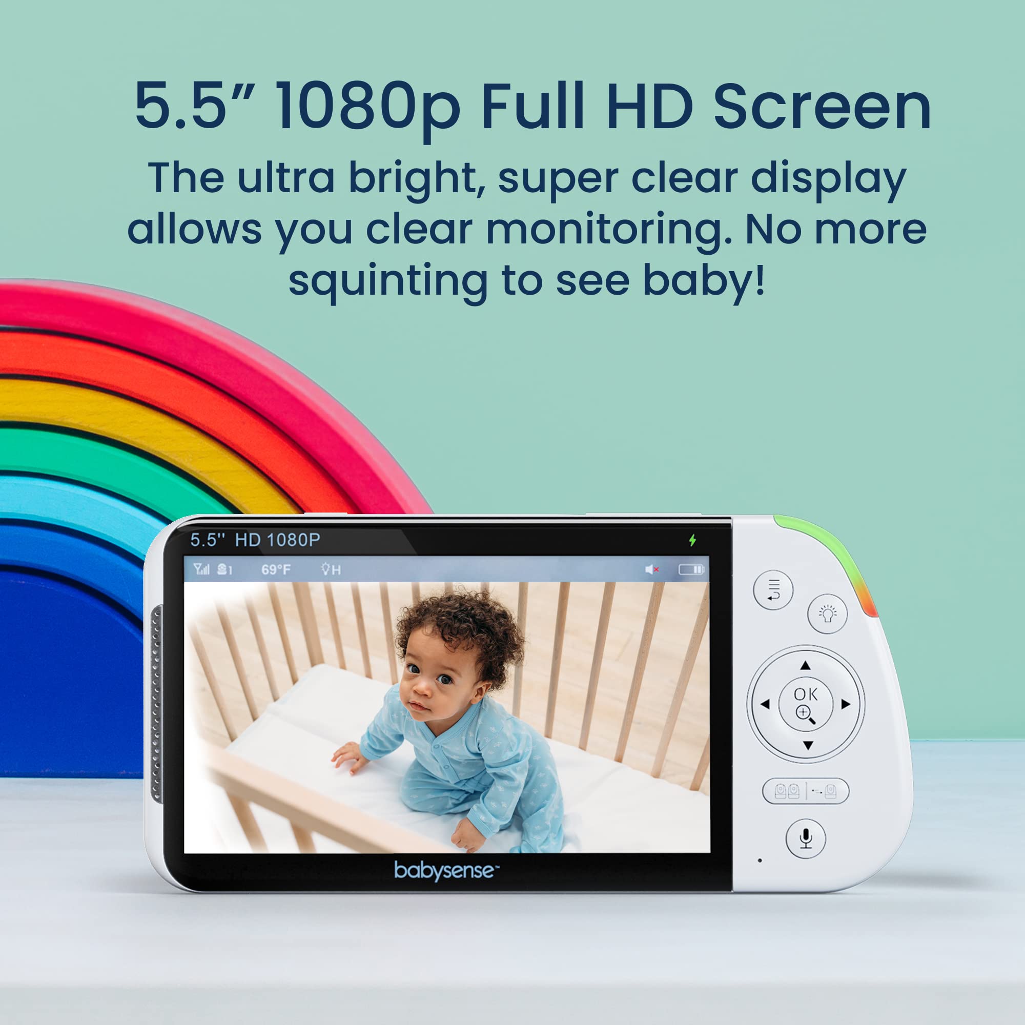 Babysense 5.5” 1080p Full HD Split-Screen Baby Monitor, Video Baby Monitor with 2 Cameras and Audio, 6-Color RGB Night Light, 1000ft Range, Two-Way Audio, 4X Zoom, 5000mAh Battery