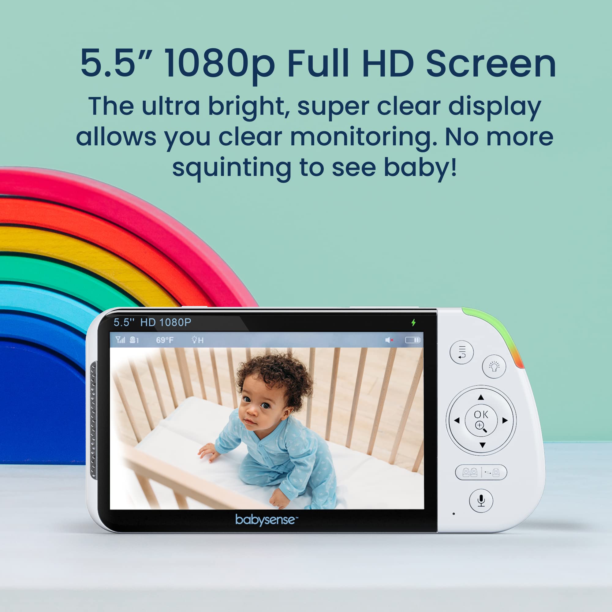 Babysense 5.5” 1080p Full HD Split-Screen Baby Monitor, Video Baby Monitor with Camera and Audio, PTZ Camera, RGB Night Light, 1000ft Range, Two-Way Audio, 4X Zoom, 5000mAh Battery