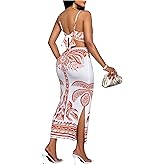 GORGLITTER Women's Floral Backless Boho Maxi Dress Sleeveless Tie Back Split Bodycon Wedding Guest Dresses