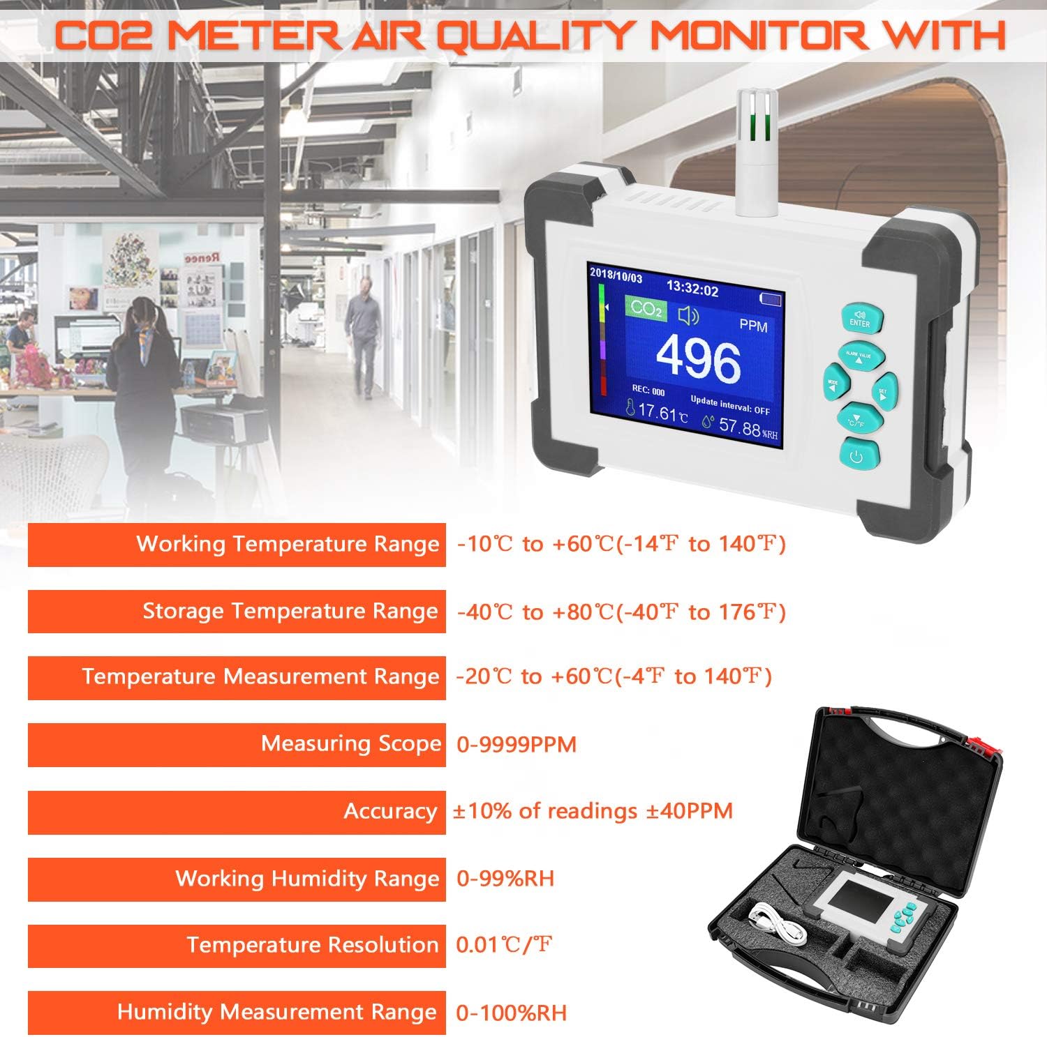 Rilevatore Gas E CO2 5 In 1 – Misura Qualità Aria, HCHO, TVOC, Temperatura E Umidità Portatile