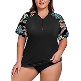 ForHailey Women's Plus Size Short Sleeve Rash Guard Swim Shirt UPF 50+ Sun Protection Zip Swimsuit Tops 1XL-5XL
