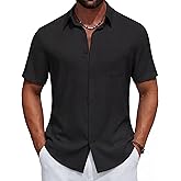 COOFANDY Men's Short Sleeve Casual Button Down Shirts Summer Beach Wedding Textured Linen Shirt for Men