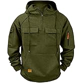 Men's Cargo Hoodies Casual Outdoor Sweatshirts Solid Color Long Sleeve Pullover Tops with Multi-Pockets Quarter Zip Top