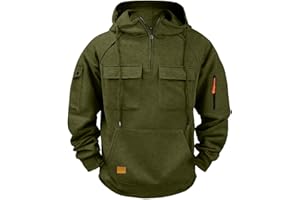 Men's Cargo Hoodies Casual Outdoor Sweatshirts Solid Color Long Sleeve Pullover Tops with Multi-Pockets Quarter Zip Top