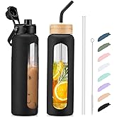 Kodrine Water Bottle with Straw, 24 oz Glass water Bottle with 2 Lids Bamboo Straw Lid and Spout Lid with Handle, 32 oz Clear Water Bottle Glass for Sports Travel, Waterbottle with Time Marker