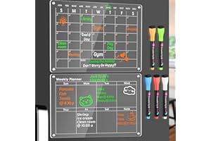 KAQUBE Acrylic Magnetic Monthly and Weekly Calendar for Fridge, Set of 2 Magnetic Acrylic Calendar w/5 Dry Erase Markers, Reusable Clear Fridge Calendar, Weekly Planner for Meal/Cleaning/Shopping (16"x12")