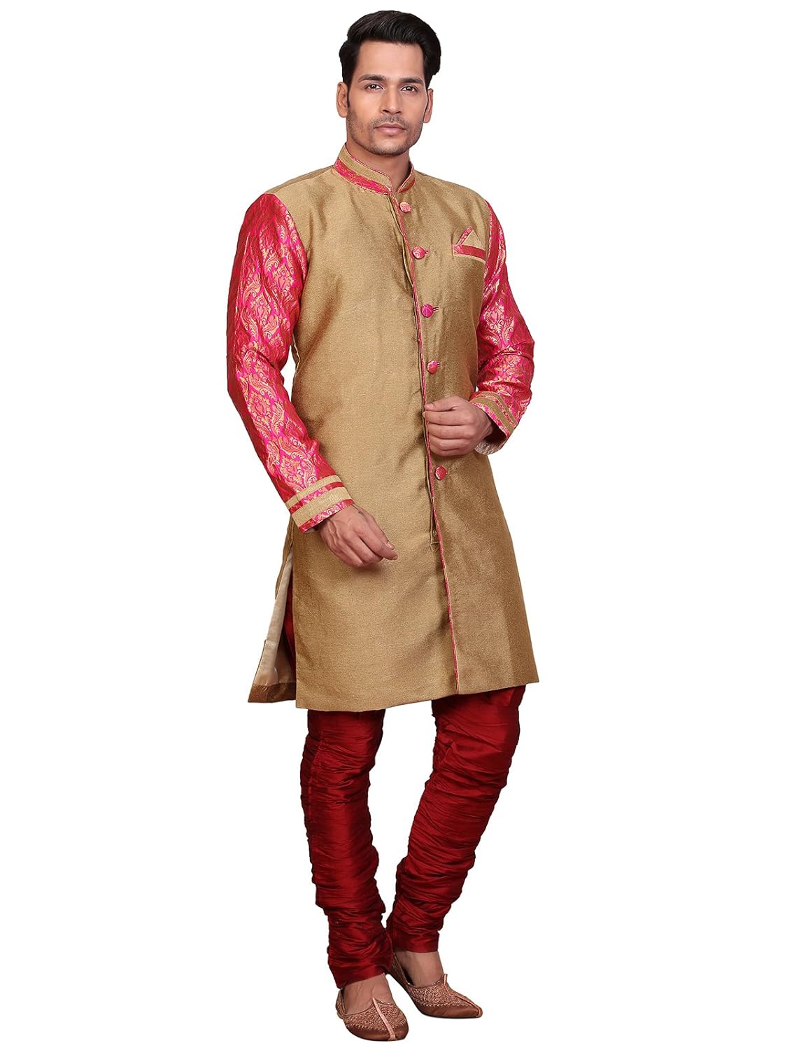 a.b.c. garmentsgolden sherwani with maroon printed sleeve for mens