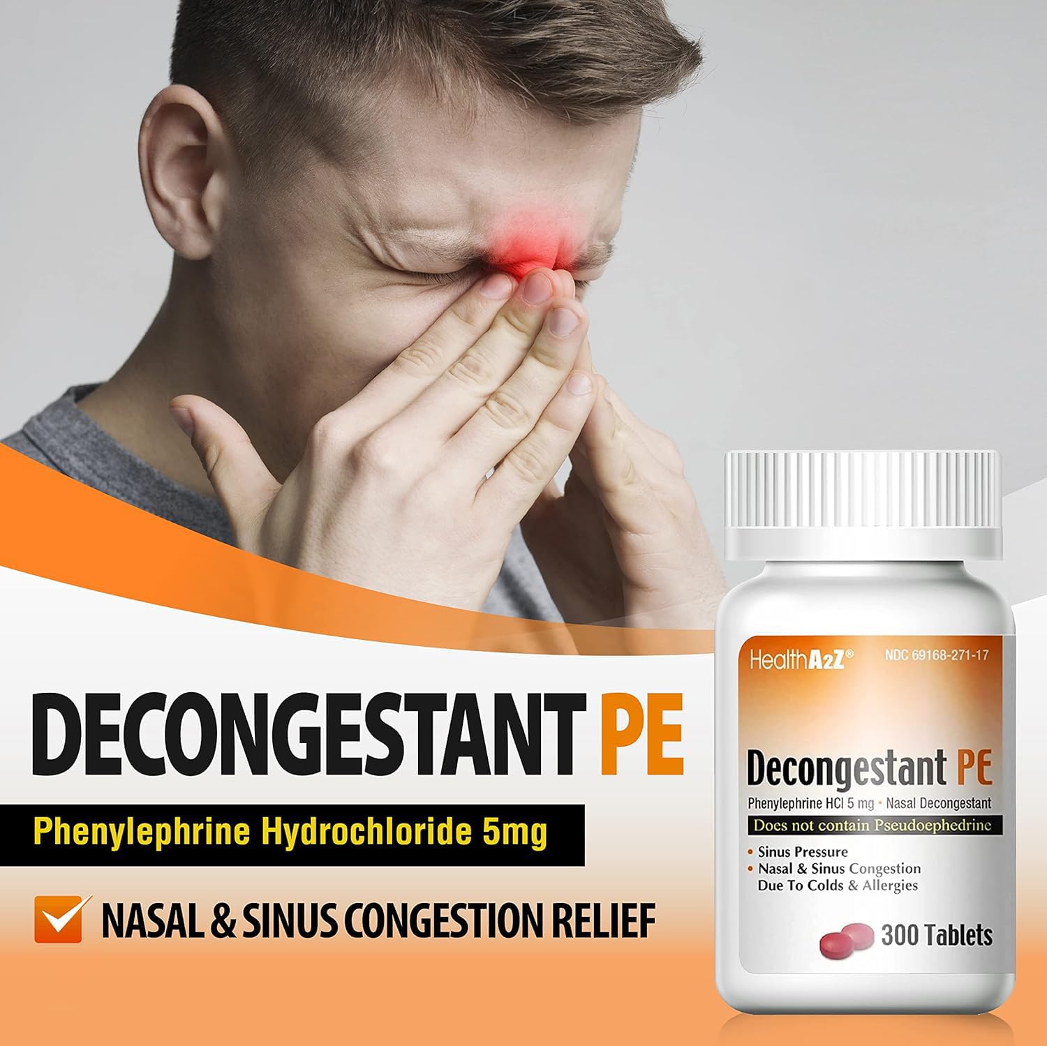 HealthA2Z® Decongestant PE | Phenylephrine HCl 5 mg | Nasal & Sinus Congestion Relief Due to Cold & Allergies (300 Count, 5mg)