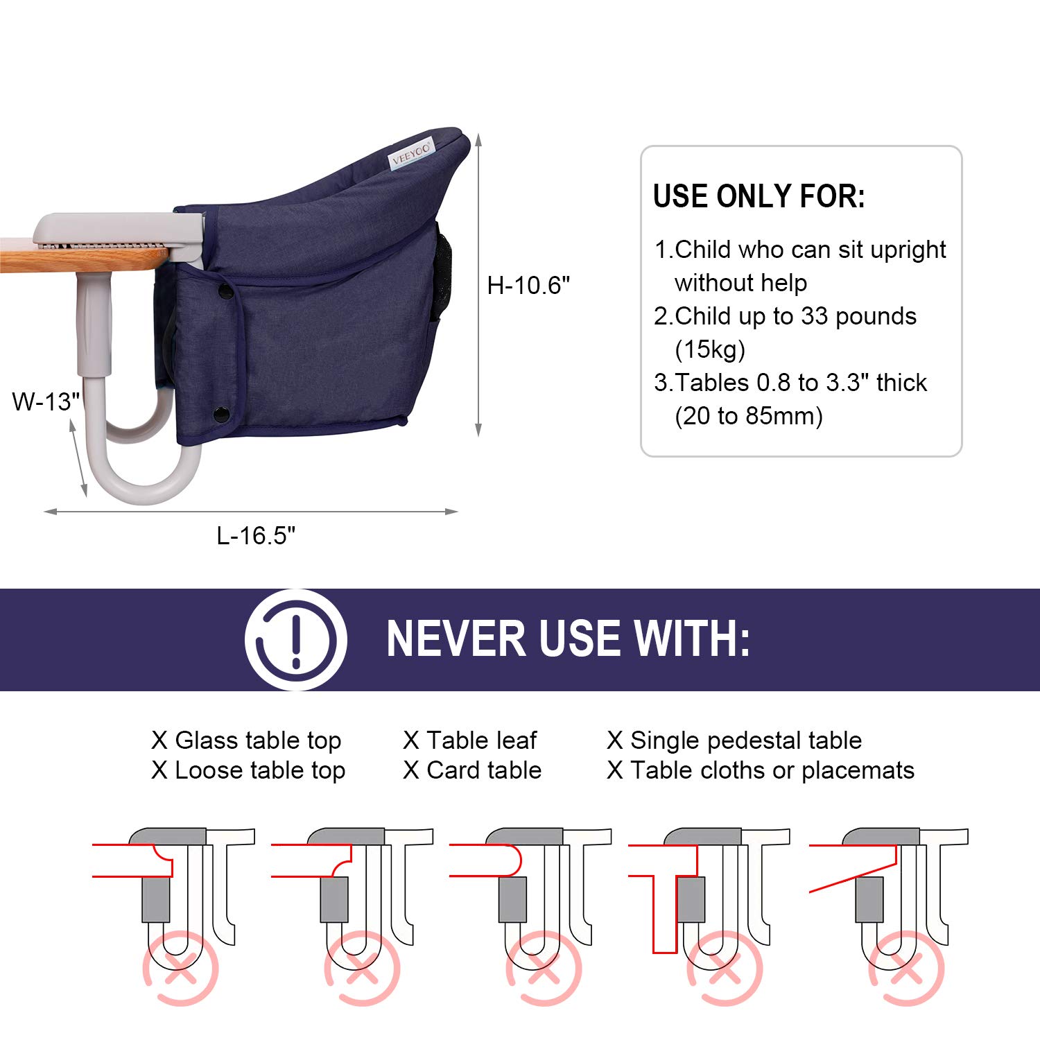 VEEYOO Hook On High Chair - Compact Fold Clip On High Chair for Baby Toddler, Portable Baby High Chairs for Travel or Restaurants (Navy) : Baby