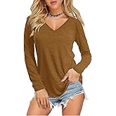 Amoretu Women's V Neck Long Sleeve Shirts Casual Soft Tee Basic T-Shirt Brown 2XL