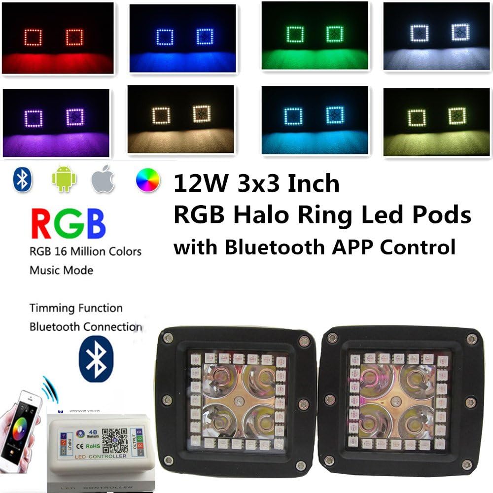 IOV LIGHT 2 Pcs12W Spot Led Pods with RGB Halo Ring Many Flashing Modes and Colors Changing by bluetooth controller RGB Halo Ring Led Pods for Tuck Jeep RGB Headight