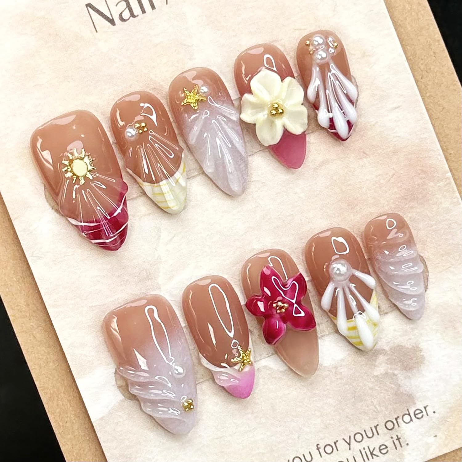 Photo 1 of 10pcs Handmade Press on Nails Medium Almond Fake Nails with 3D Flower Gold Beads Star Designs French Tip False Nail Summer Fall Acrylic Nails Full Cover Glue on Nail for Women Nail Decoration