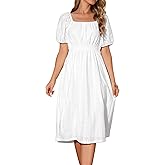 Seta T Women's Summer Eyelet Dresses Square Neck Short Sleeve Casual A Line Midi Dress
