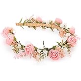 KorViSHOW Women's Pink Flower Headband - Girl Flower Headpiece Romantic Bohemian Lace Foam Headband for Wedding Decoration Party Birthday Dance Headwear Maternity Shoot Props