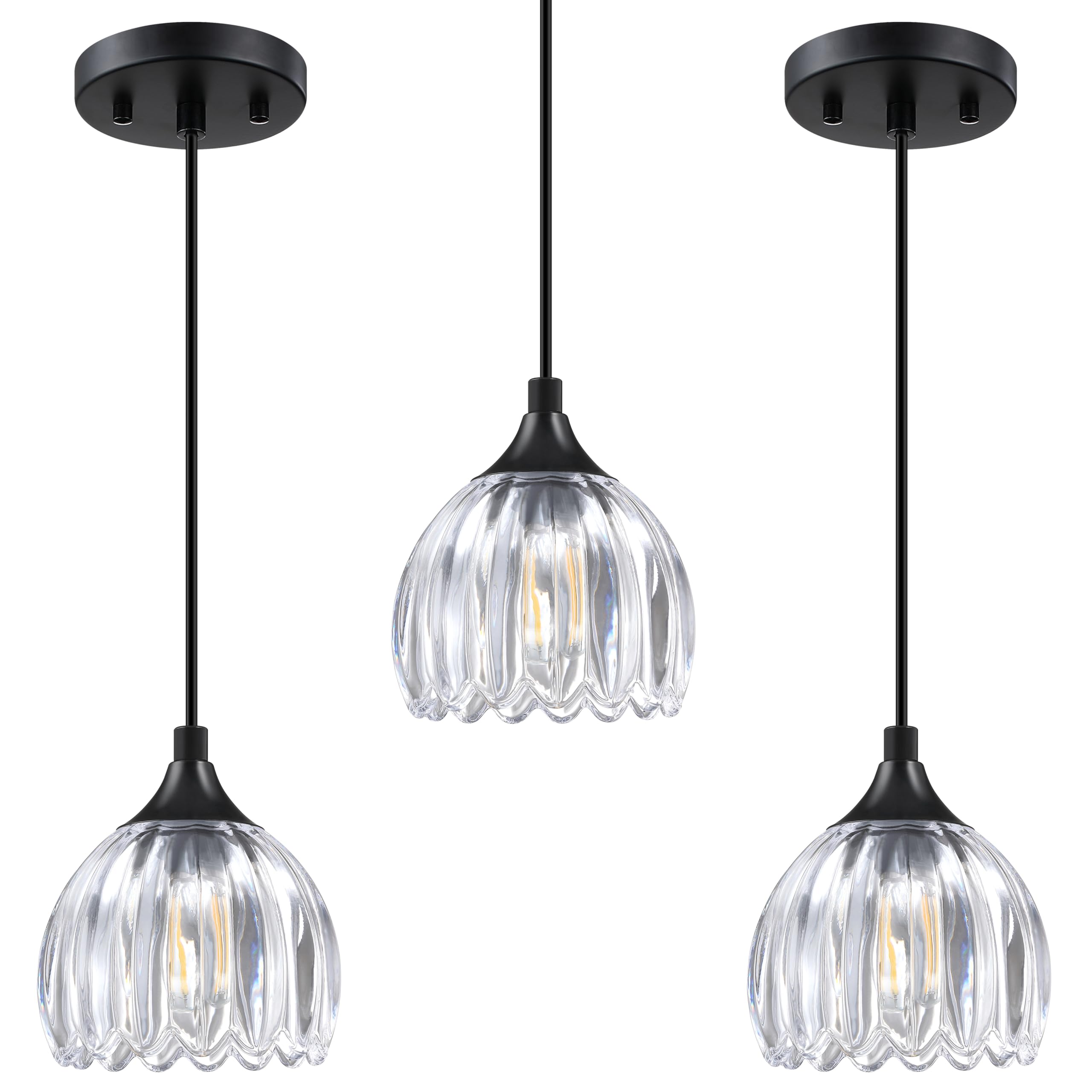 Photo 1 of 5.1" Clear Tulip Glass Hanging Industrial Kitchen Island Farmhouse Rustic Vintage 3 Pack 1-Light Pendant Ceiling Light Black Finish Fixture,for Dining Room Hallway Entryway Bedroom