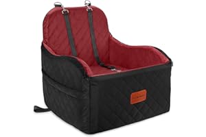 Lealchum Dog Booster Car Seat for Small/Medium Dogs,Puppy Portable Car Bed with Elevated Cushion,Fully Detachable and Washable,2 Storage Pockets,Easy to Install (Blakc/Red, Medium)