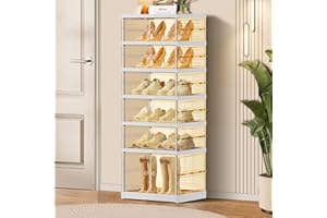 CIMLORD 6-Tier Foldable Shoe Rack for Closet Entryway 6-12Pairs,Stackable Clear Shoe Storage Boxes Organizer with Door Plasti