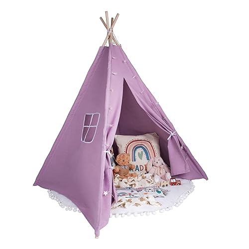 Relsy Kids Violet Blush Teepee Tent For Kids | Purple Play Tipi/Pop Up Tent For Girls & Boys 140 x 120cm Cotton Canvas With Star Lights & Rug Accessories