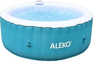 ALEKO Inflatable Hot Tub Spa | Personal High Powered Jetted Bubble | with Fitted Cover and 3 Filters | 210 Gallon | 4 Person Round | Blue/White | HTIR4GRW