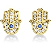 Diamond Treats 925 Sterling Silver Dainty Hamsa Hand Stud Earrings in Silver, Gold or Rose Gold, Cute Sterling Silver Earrings for Women with Cubic Zirconia Stones, Silver Jewelry for Women