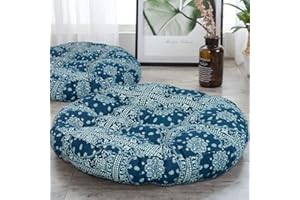 HIGOGOGO Boho Floor Pillow, Round Blue Seating Cushion Mandala Meditation Pillow Thick Cotton Linen Indian Pouf Cushion for Yoga Living Room Balcony Kids Playing Room Party, 22 Inch, Navy Blue