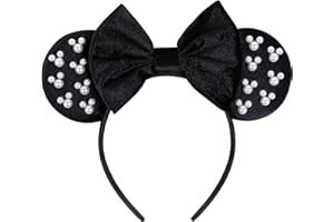 WOVOWOVO Mouse Ears Headbands for Women Girls Black Bow Pearl Hairbands Velvet Headband Christmas Cosplay Costume Princess Party Decorations