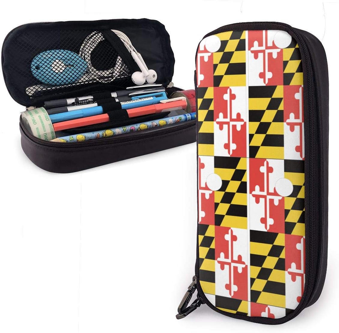 Maryland State Flag Pattern Leather Pencil Case for Adults and Students,Pen Case Makeup Pouch for Purse Zipper Pouch for Pencils Pens Markers