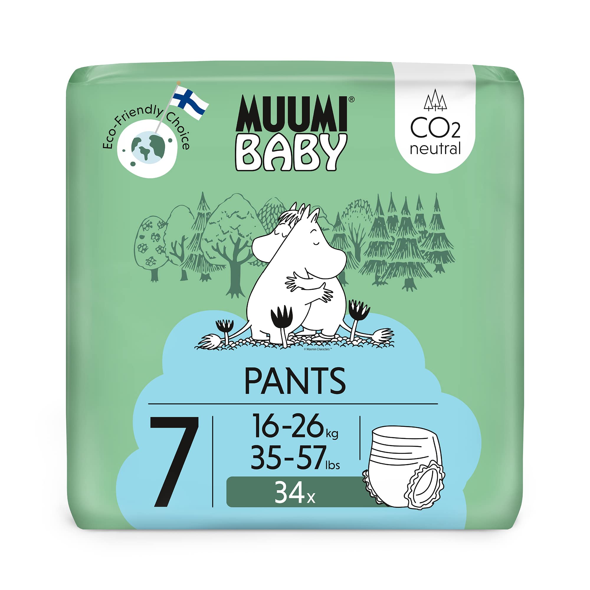Muumi Baby Eco Pull Ups Size 7, 16-26 kg, 34 Premium Sensitive Nappy Pants with Leakage Barrier | Soft and Skin Friendly, No Unnecessary Chemicals |